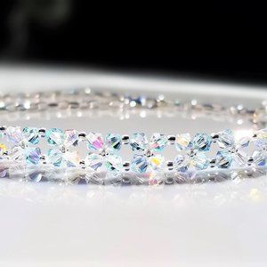 Handmade Beaded Crystal Choker/ Light Azore Turquoise Clear and Silver Necklace